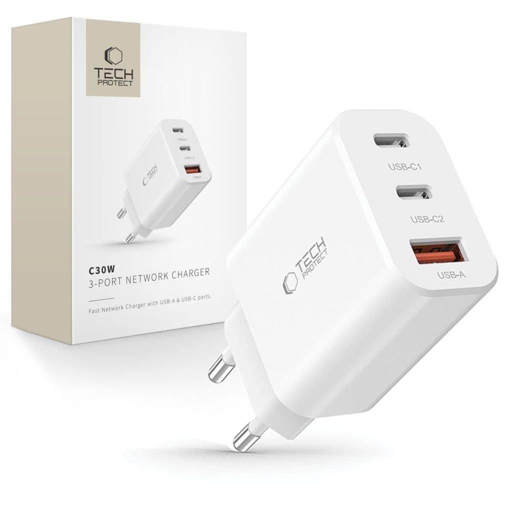 Tech-Protect Vegglader 2x USB-C PD 30W / USB-A QC 3.0 - Hvit