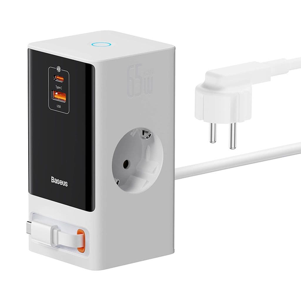 Baseus PowerCombo Ladestasjon 65W 1.5m 2 x EU + USB-A + USB-C - Hvit