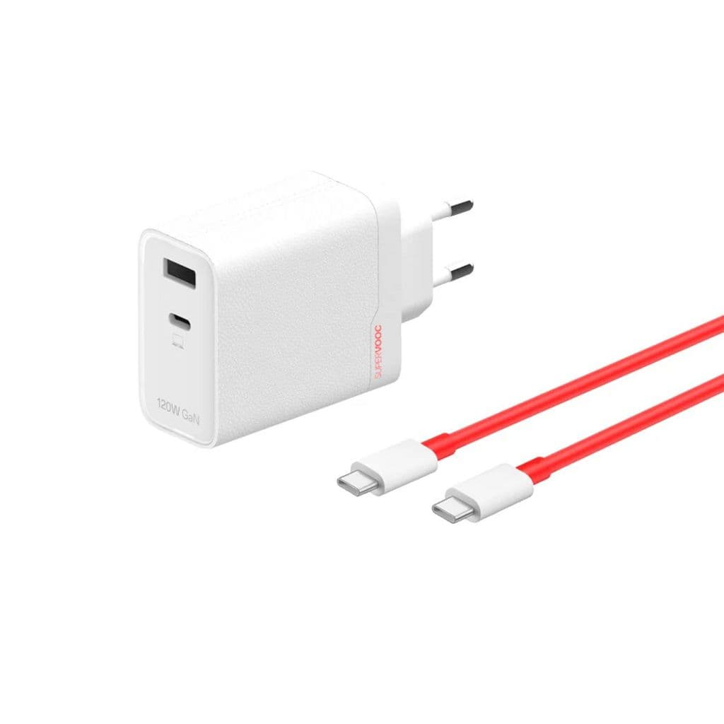 OnePlus SUPERVOOC GaN Vegglader USB-C/USB-A 120W + USB-C Kabel - Hvit/Rød