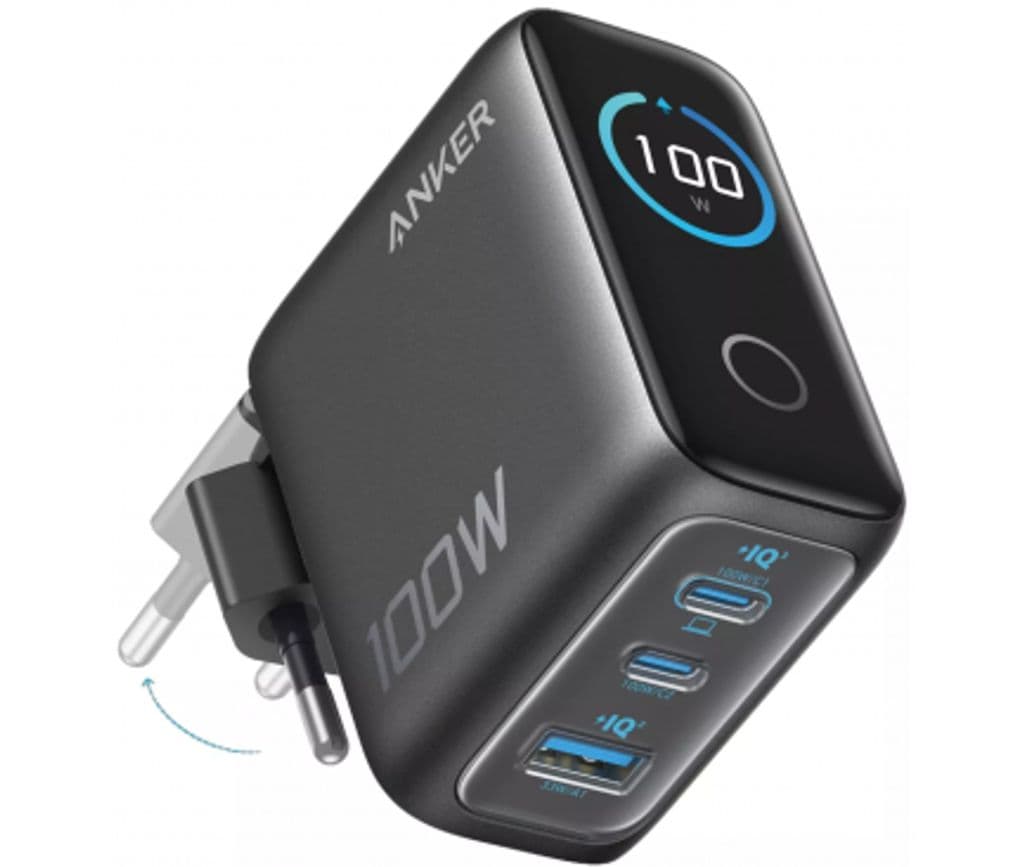 Anker Smart Display vegglader 100W, 1x USB-A/2x USB-C med USB-C-kabel – Grå