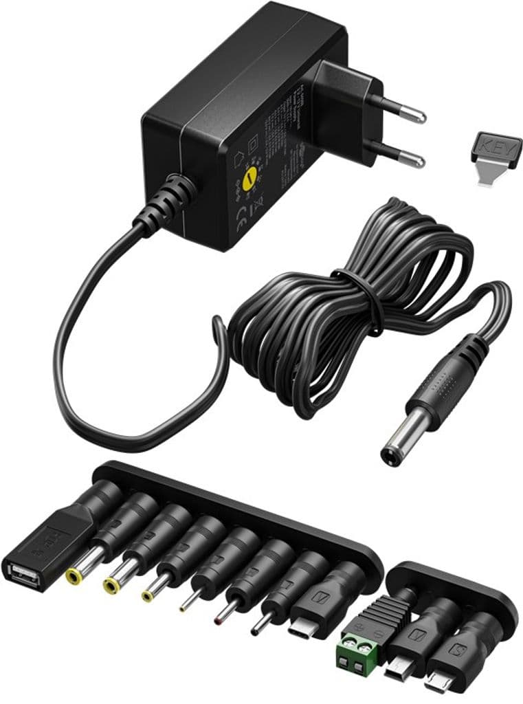 Universell strømforsyningsenhet med 11 adaptere, 3V - 12V, maks 27W
