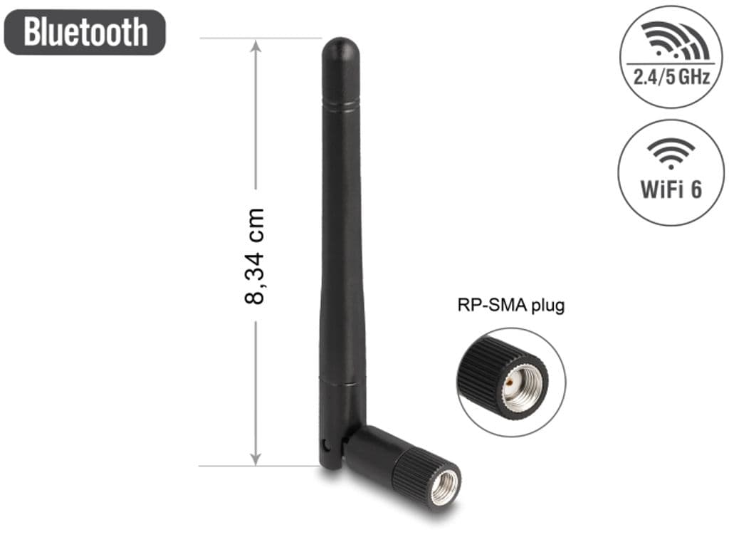 Delock WLAN-antenne 802.11 ac/ax/a/b/g/n RP-SMA 2 dBi - svart