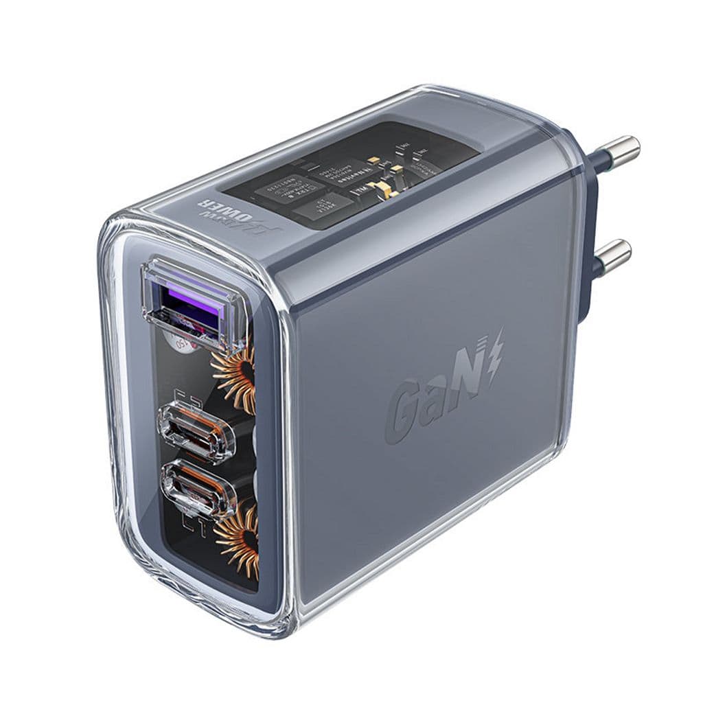 Acefast lader GaN 65W, 3 porter (1xUSB, 2xUSB-C) - Grå