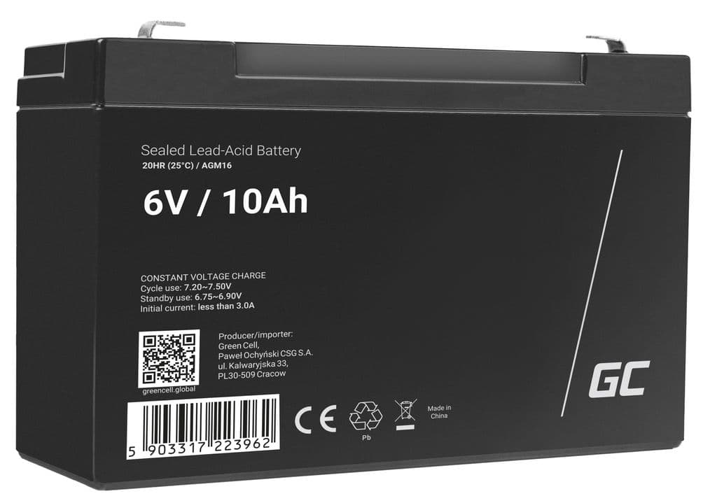Green Cell 6V 10Ah VRLA-batteri til alarmer, kasser og leker