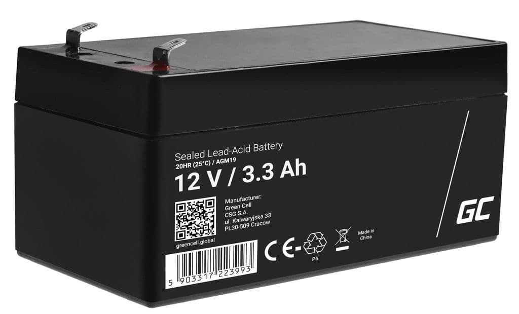 Green Cell 12V 3,3Ah VRLA-batteri for alarmer, kasseapparater og leker
