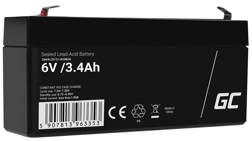 Green Cell 6V 3,4Ah VRLA-batteri for alarmer, kasseapparater, leker