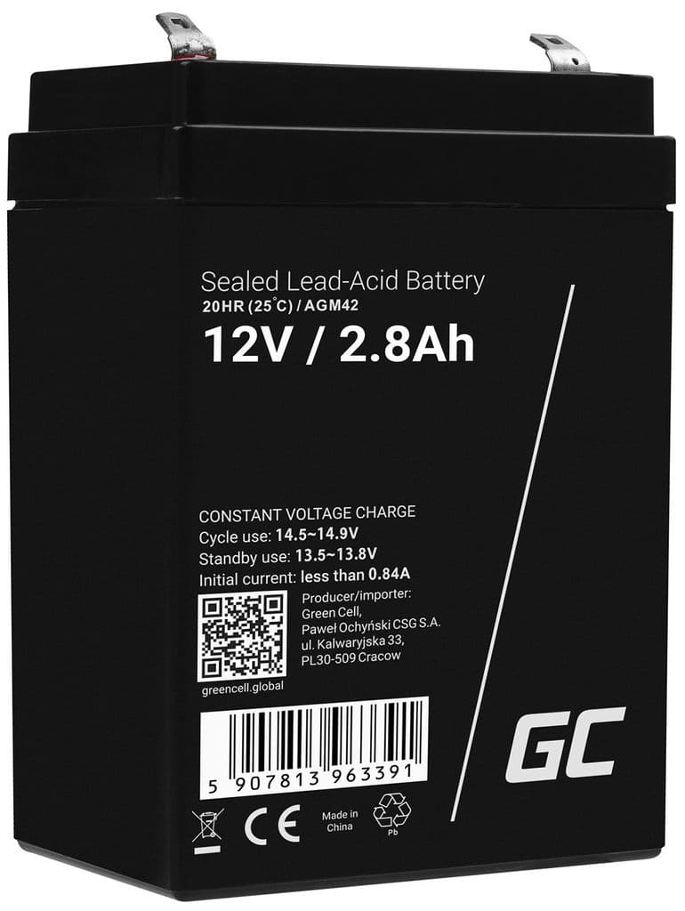 Green Cell AGM VRLA 12V 2,8Ah batteri for alarmer, kasseapparater, leker
