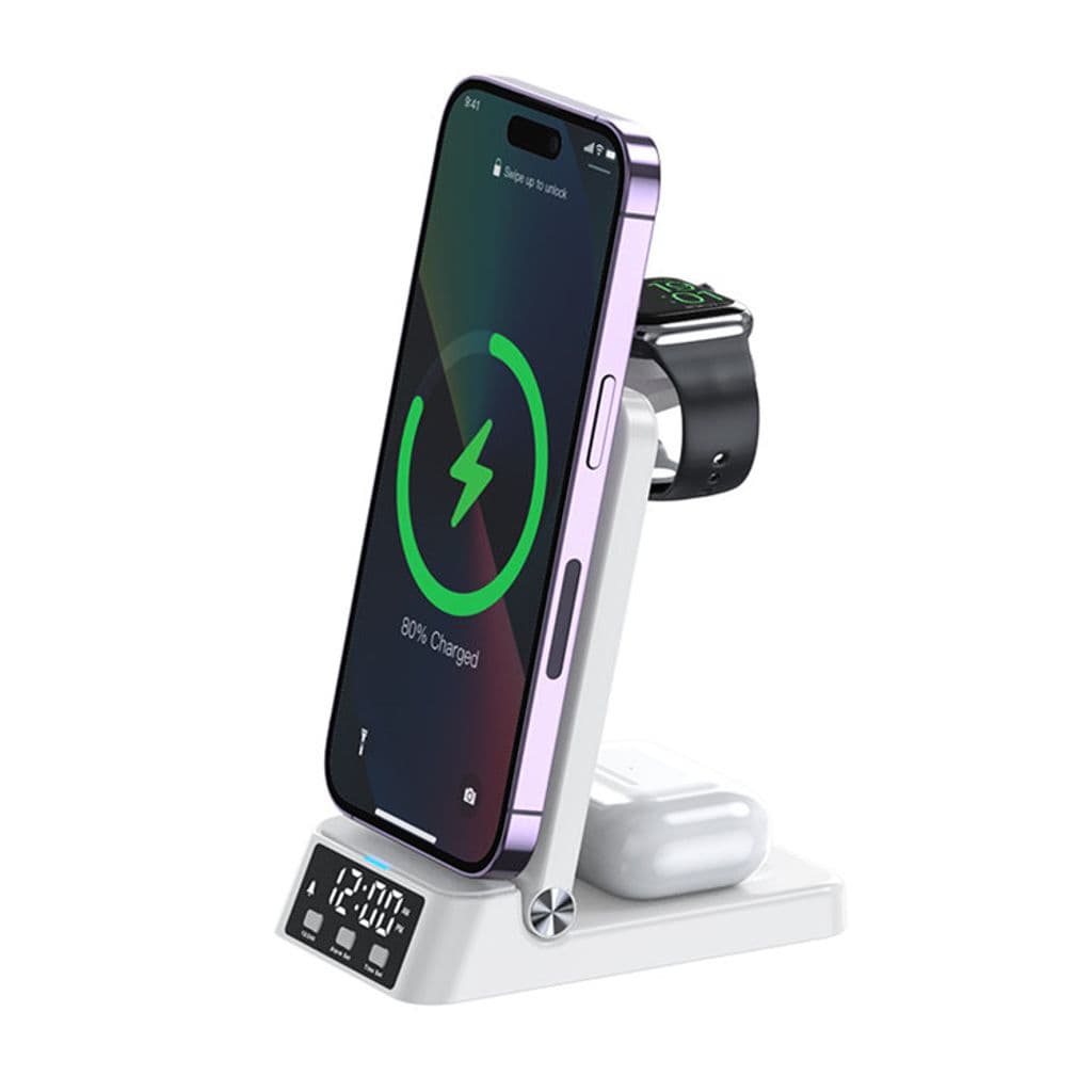 SiGN 3-in-1 Trådløs Ladestativ med Vekkerklokke, 15W - Hvit