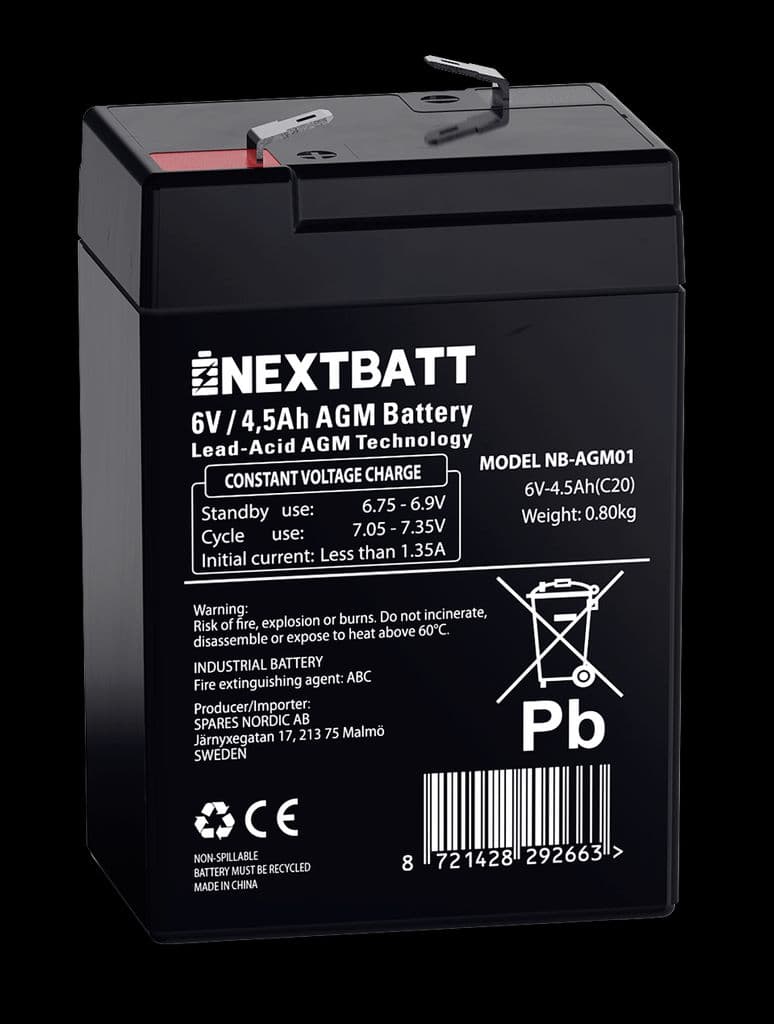 NEXTBATT AGM-batteri 6V 4,5Ah – 70x47x100 mm