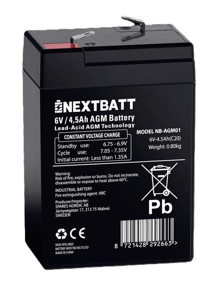 NEXTBATT AGM-batteri 6V 4,5Ah – 70x47x100 mm