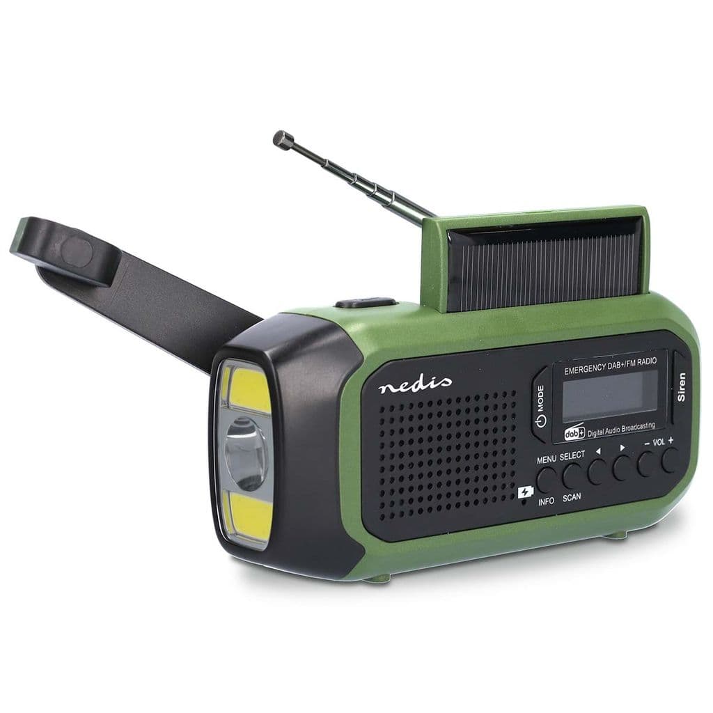Nedis nødradio, DAB+/FM, håndsveiv/batteri/solcelle/USB-strøm