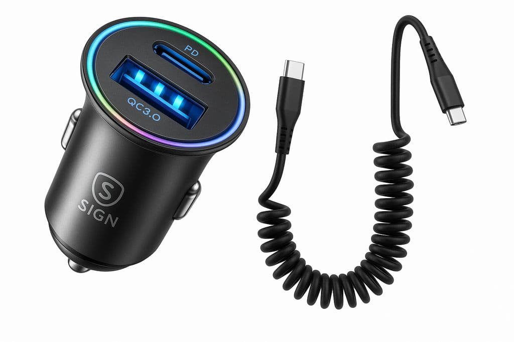 SiGN 60W billader med spiralformet USB-C til USB-C-kabel – svart