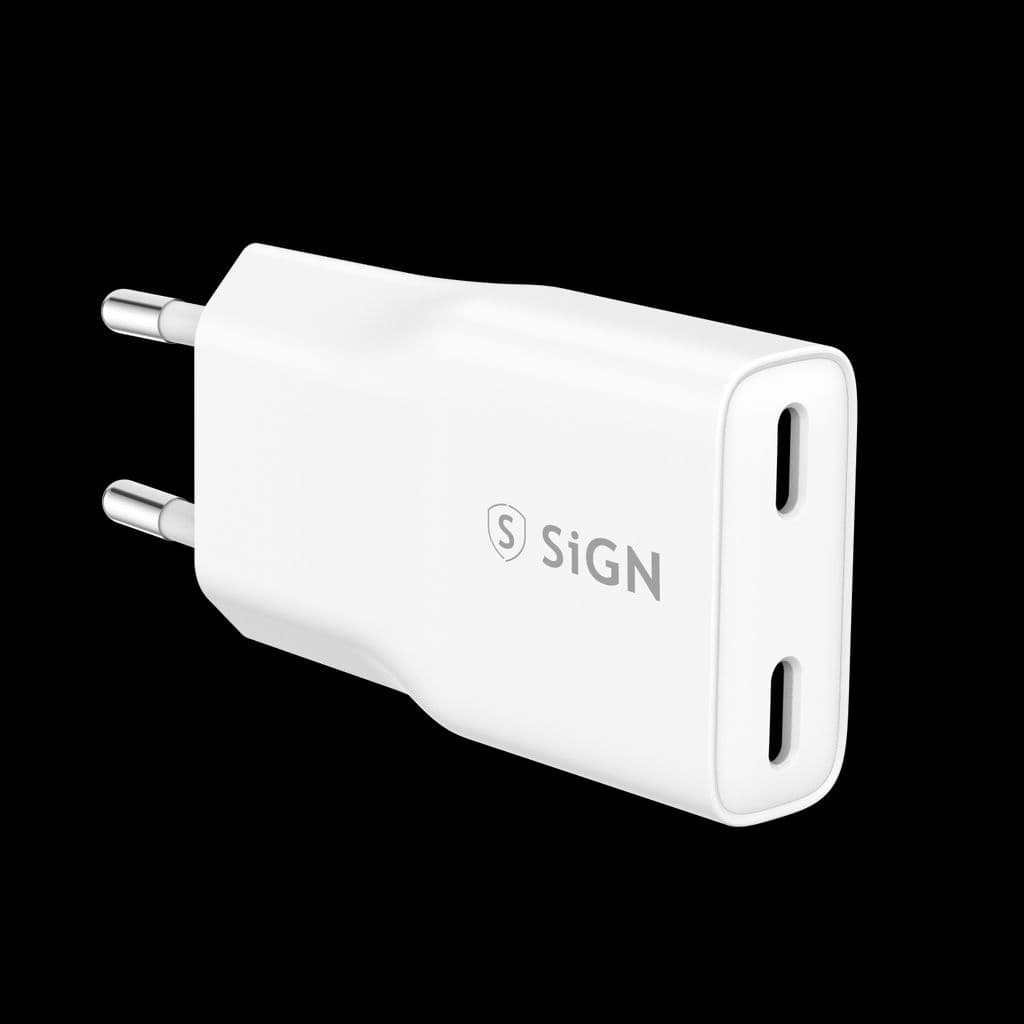 SiGN GaN Ultra Slim hurtiglader 2x USB-C, PD og QC3.0, 3A, 20W – hvit