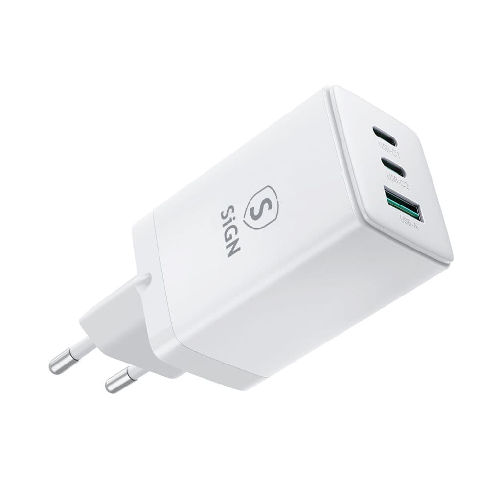 SiGN GaN Ultra 65W 2xUSB-C og 1xUSB-A hurtiglader - hvit
