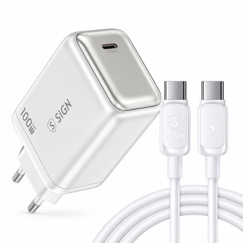 SiGN USB-C PD GaN hurtiglader 100W + USB-C-kabel for MacBook/Lenovo/HP/ASUS/Acer - hvit