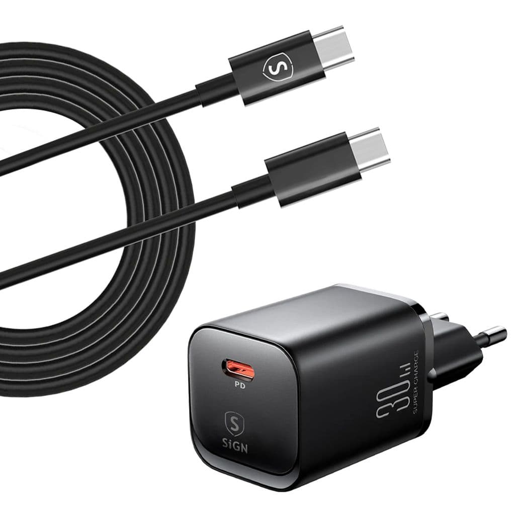 SiGN hurtiglader Samsung S20–S23-serien 30W USB-C + kabel 2m – svart