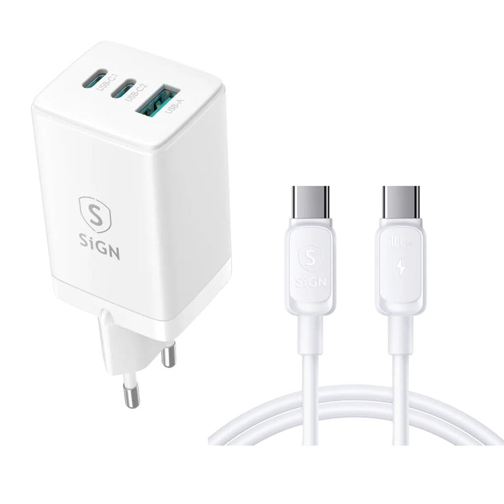 SiGN 65W hurtiglader for bærbar PC 2xUSB-C og 1xUSB med USB-C-kabel, 3m - Hvit