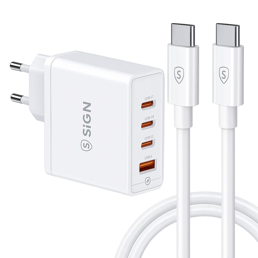 SiGN 140W hurtiglader med 240W USB-C-kabel – 3x USB-C og 1x USB-A – hvit