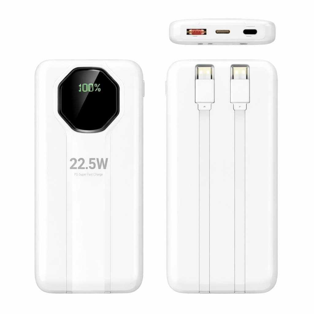 SiGN Kraftig Powerbank med Innebygde Kabler, 20000mAh - Hvit
