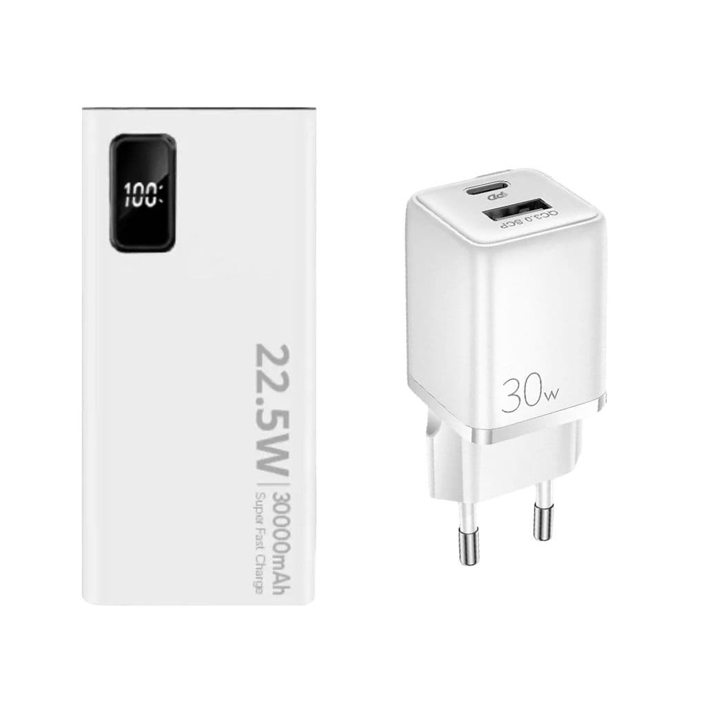 SiGN Super Powerbank 30000mAh med vegglader 30W - Hvit