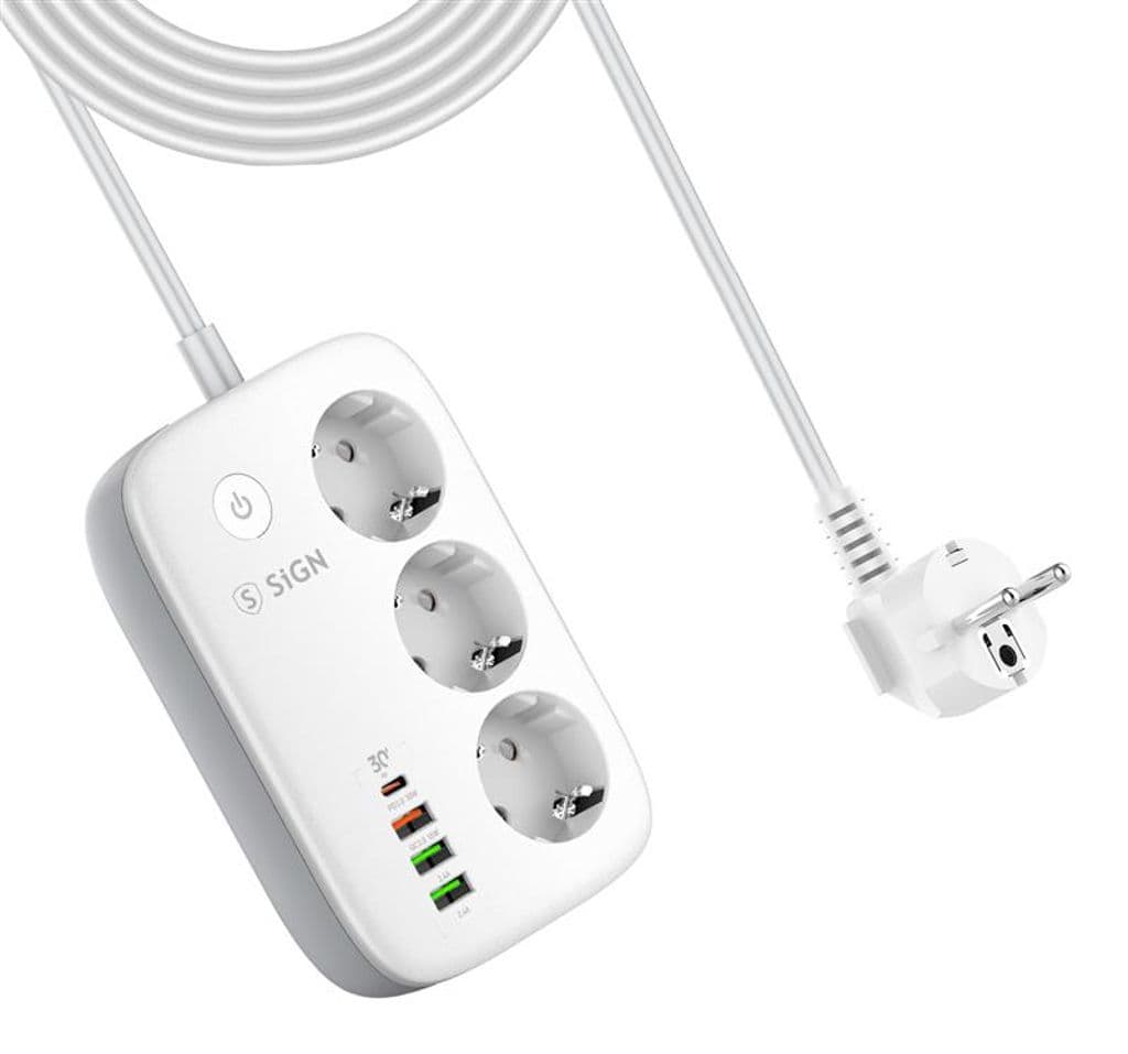 SiGN Smart WiFi-uttak 3xEU + 3xUSB, 1xUSB-C, 1,5m 30W – Hvit