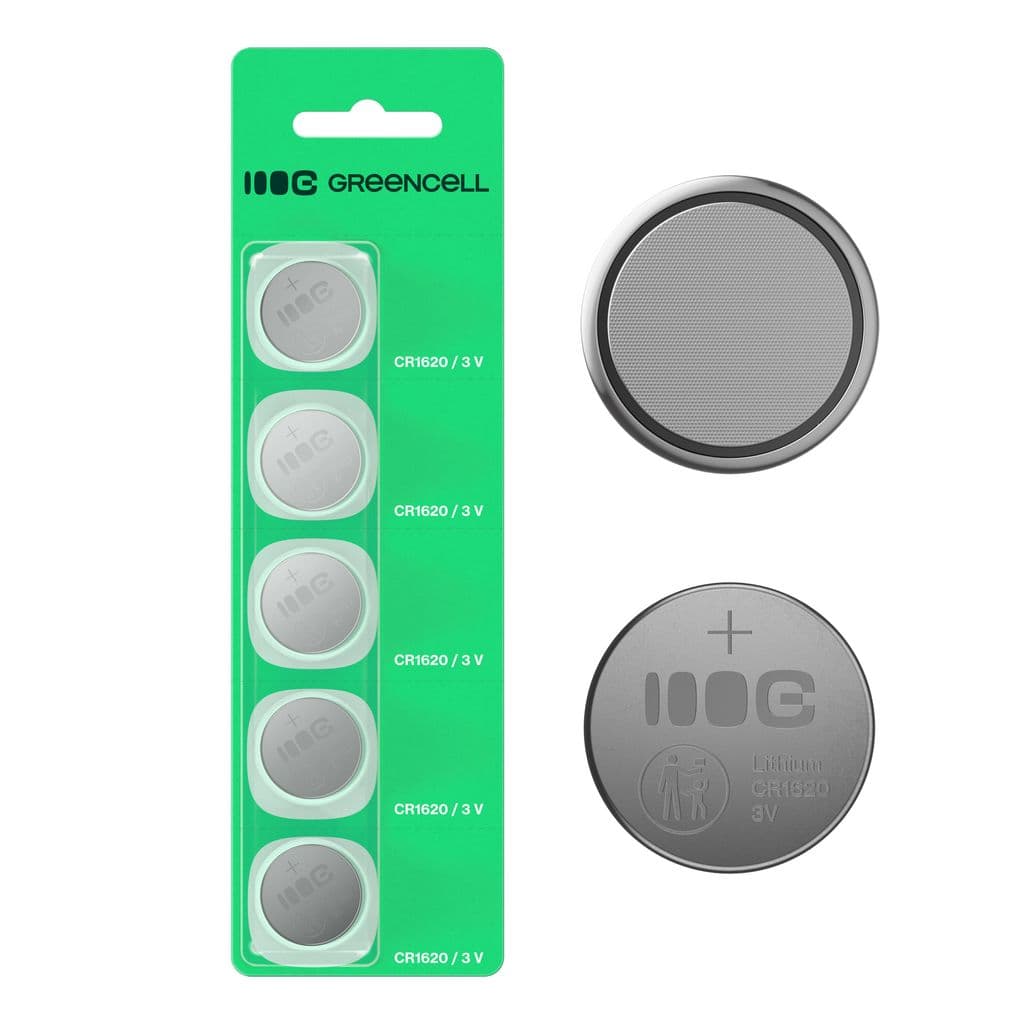 Greencell litium knappcellebatteri CR1620 3V 70mAh, 5-pakning