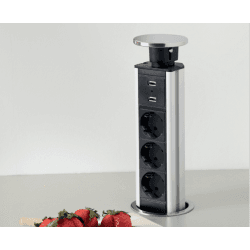 Power Dock, skjult strømuttak, 3 stikkontakter, 2 USB-ladere