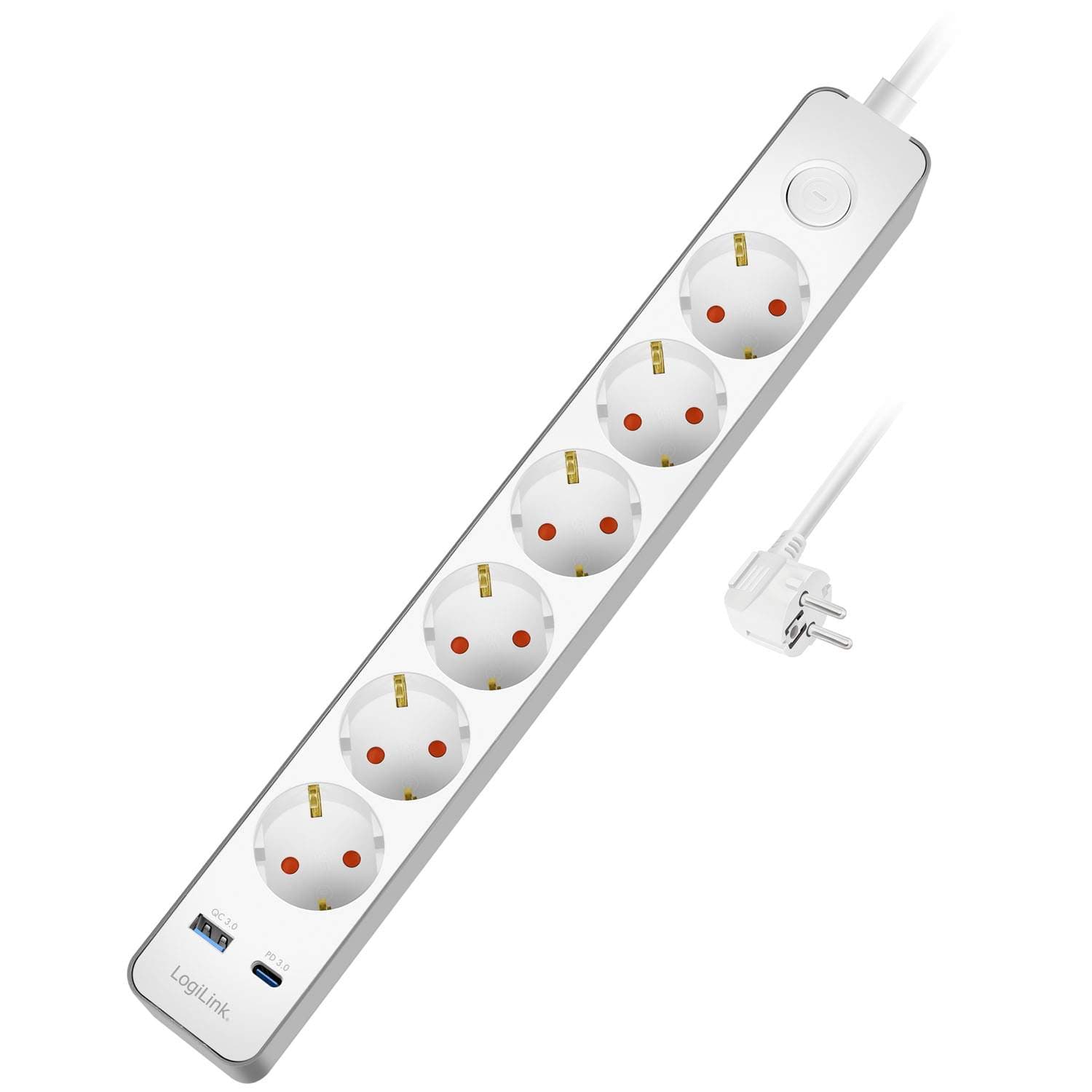 Strømskinne 6-veis + USB-A/USB-C PD 20W, Bryter, 1,4m Hvit