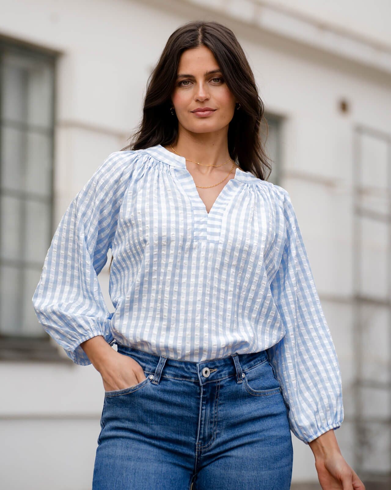 FLOYD Bluse Akara Check, L, FLOYD Bluse Blå L