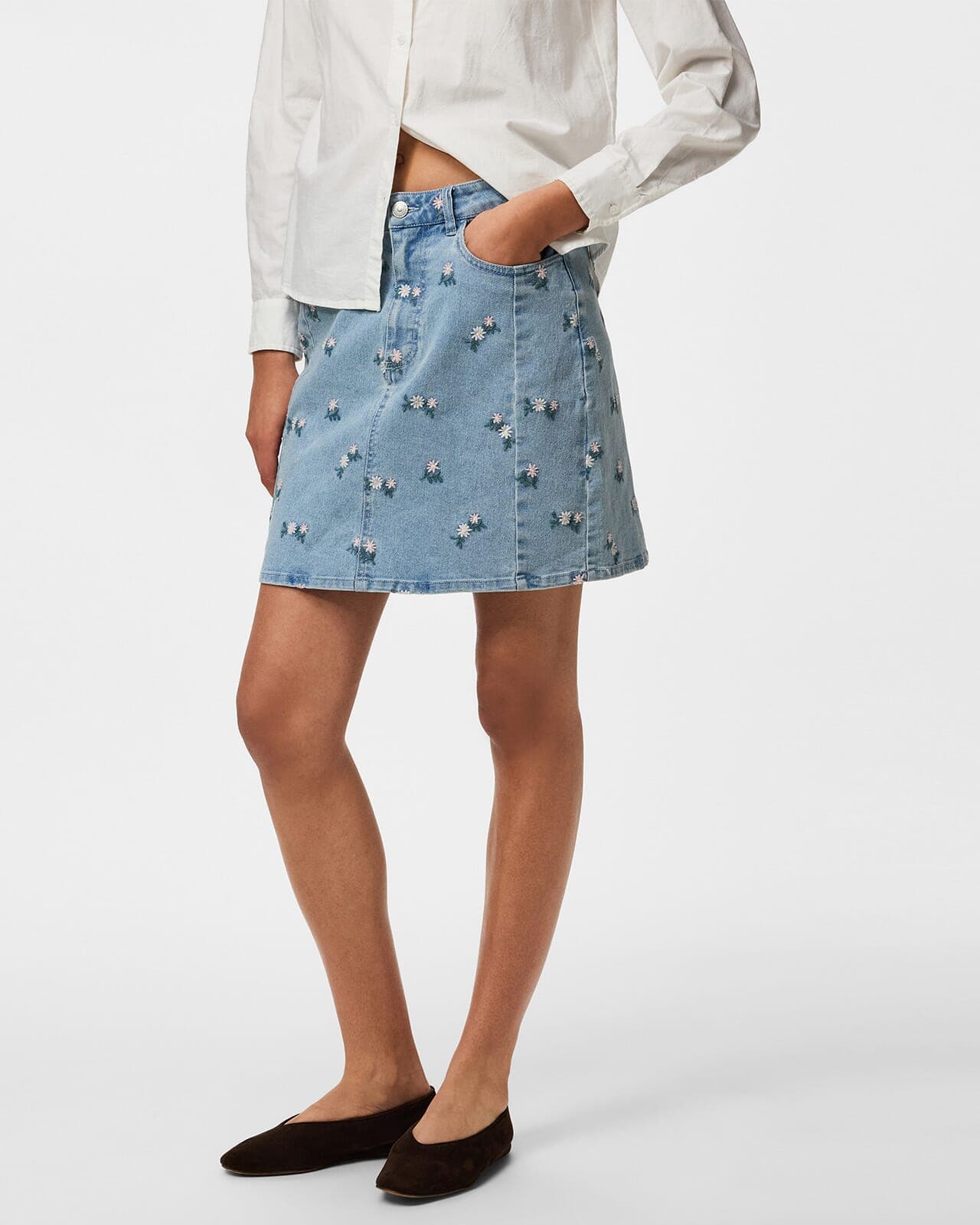 PIECES Denimskjørt Flora Emb, M, PIECES Skjørt Blå M