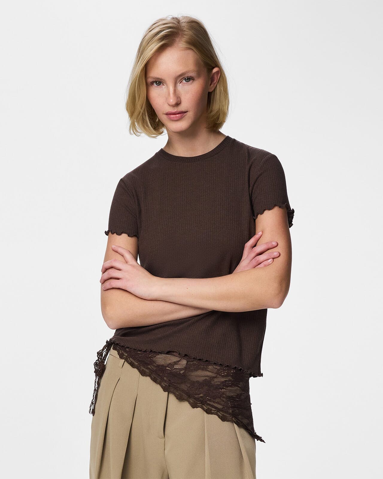 PIECES T-skjorte Nicca O-neck, XL, PIECES T-skjorte Brun XL