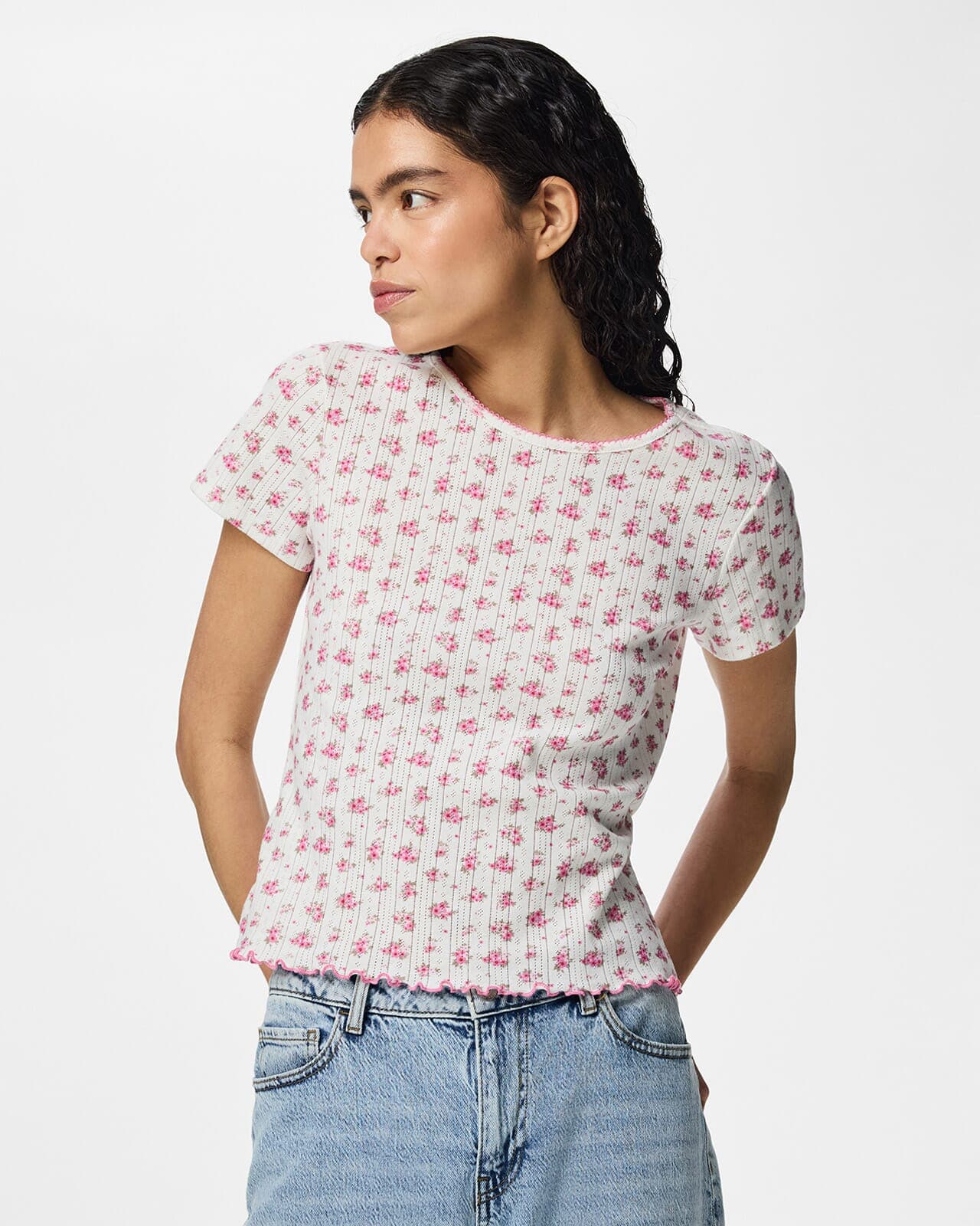PIECES T-skjorte Mya Pointelle, XS, PIECES T-skjorte Rosa XS