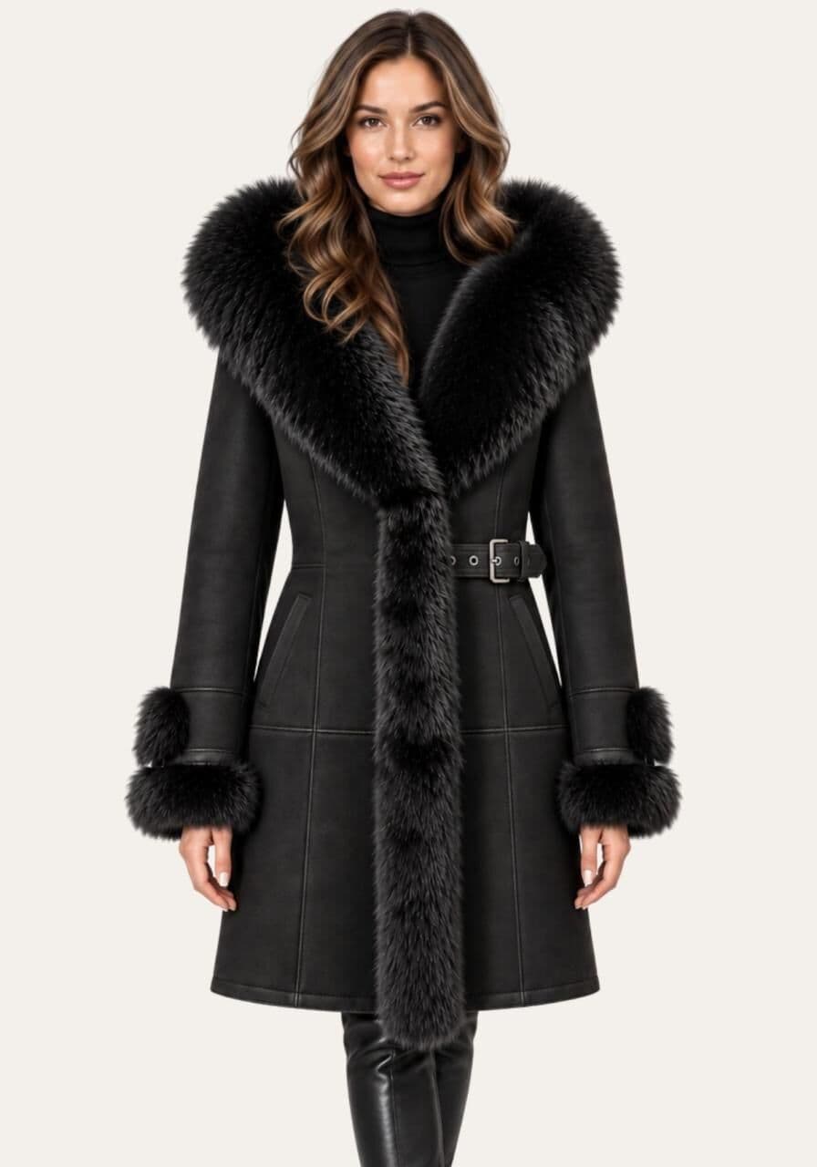 Shearling Lammfellmantel Schwarz mit Fellbesatz & Kapuze - Größe: L