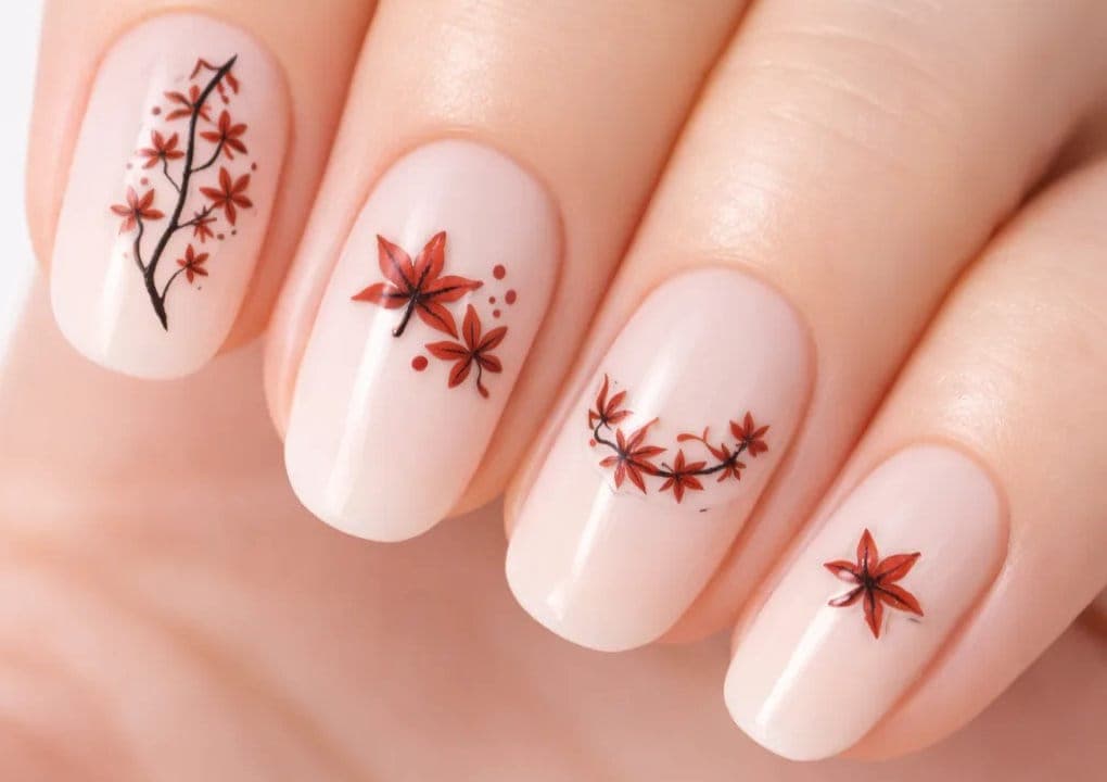 Dark Red Leaf & Branch Nail Stickers