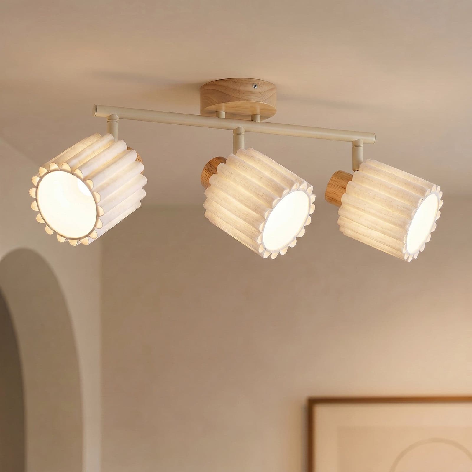 Shiloh downlight, natur/beige, 3 lyskilder, gummitre – Lindby - Stue - Moderne - Stoff / Tekstil - Med flere lyskilder
