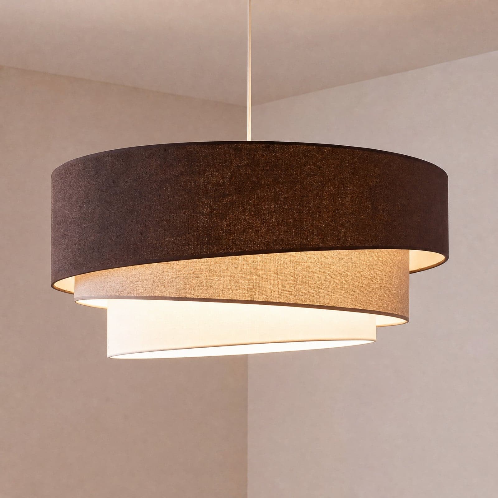 Trio pendellampe, brun/beige, Ø 60 cm, tekstil, E27 – Duolla - Stue - Ungdommelig - Stoff / Tekstil - Med en lyskilde