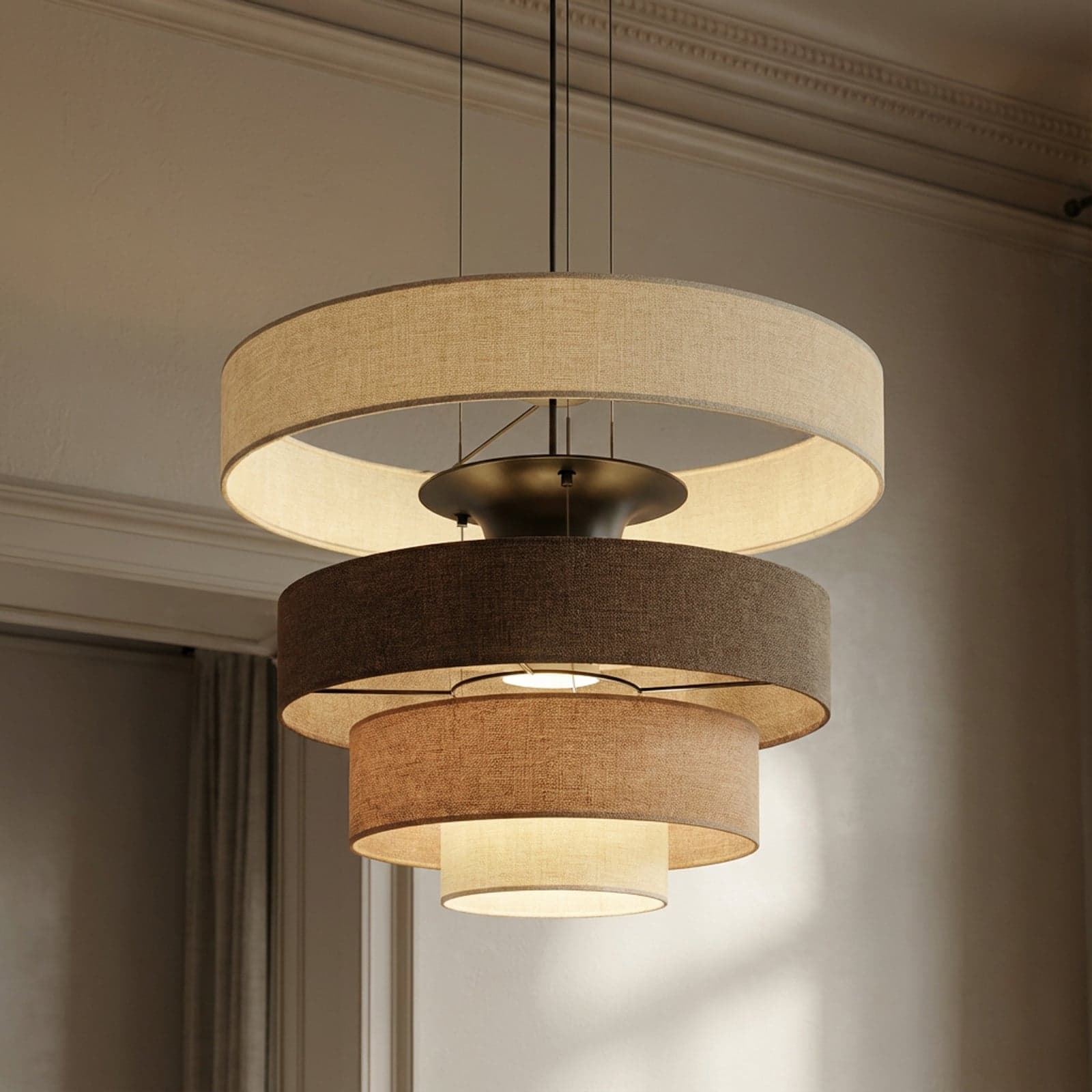 Peldano LED-hengelampe, brun/beige, Ø 50 cm, trinnvis dimbar - Lucande - Stue - Moderne - Stoff / Tekstil - Med en lyskilde