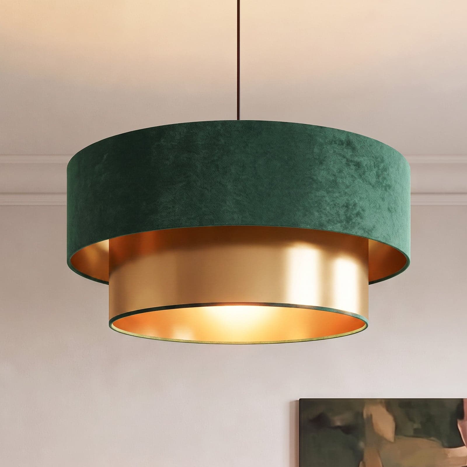 Dorina pendellampe, grønn/gull, Ø 45 cm, tekstil, E27 – Duolla - Soverom - Ungdommelig - Stoff / Tekstil - Med en lyskilde