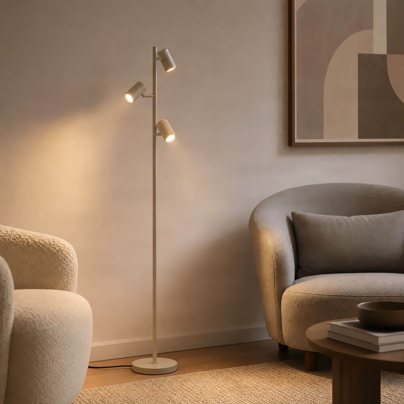 Kardis gulvlampe, 3 lyskilder, beige, høyde 157 cm – Lindby - Stue - Moderne - Metall - Med skjerm