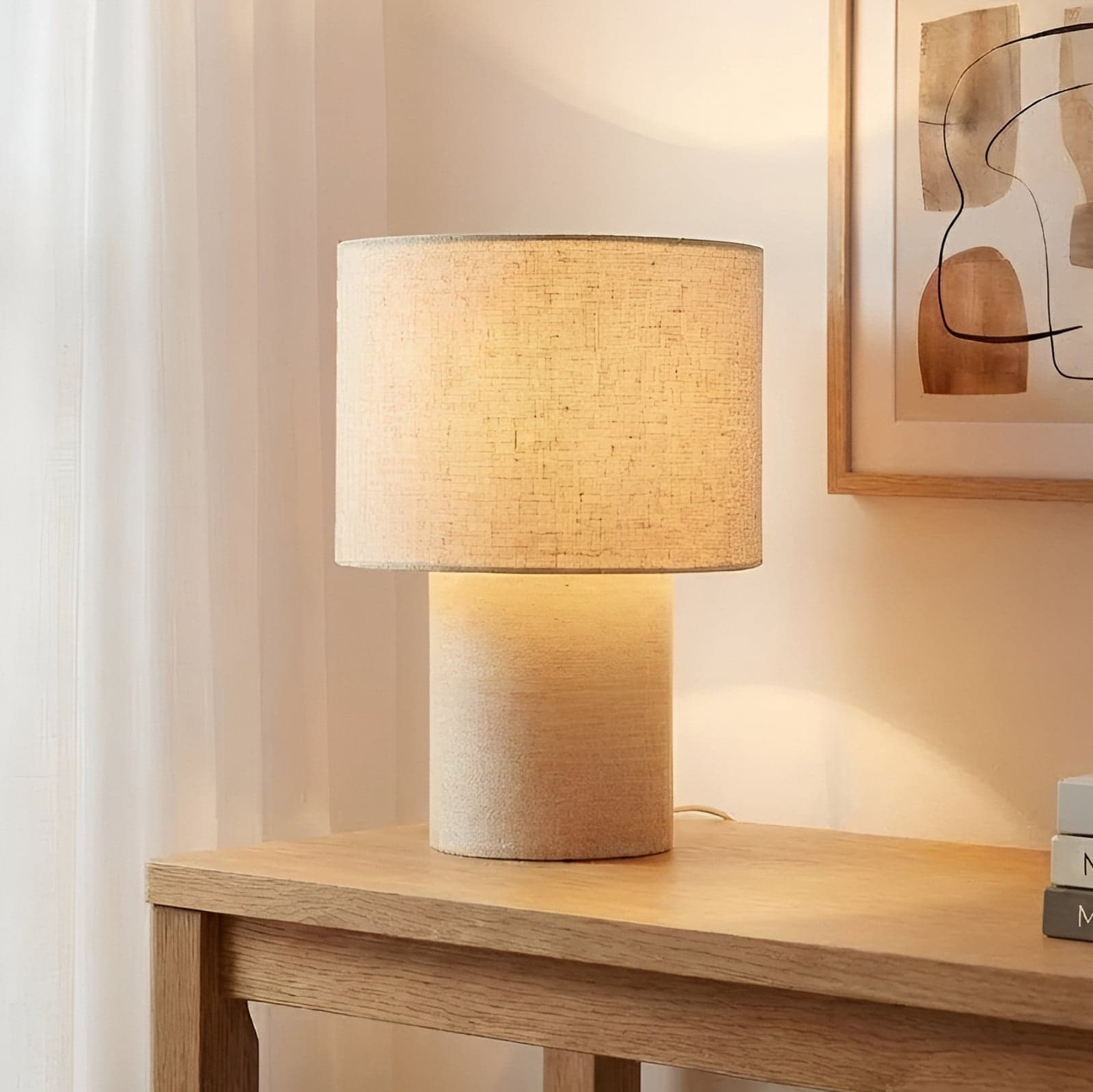 Elfie bordlampe, beige, E27, Ø 23 cm, lin - Lindby - Stue - Skandinavisk - Stoff / Tekstil - Med en lyskilde