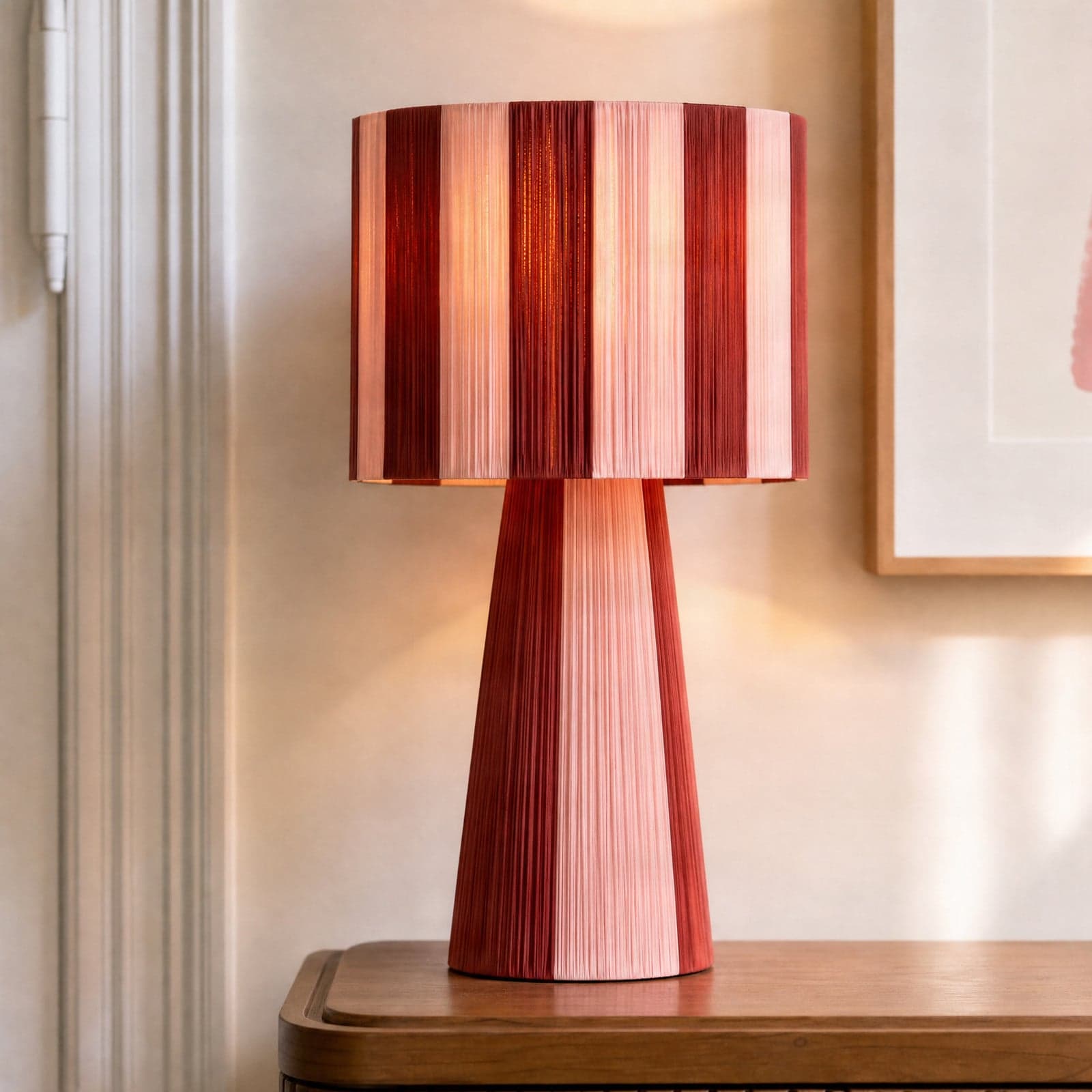 Suly bordlampe, rød/rosa, bomull, høyde 40 cm – Lindby - Stue - Ungdommelig - Stoff / Tekstil - Rund