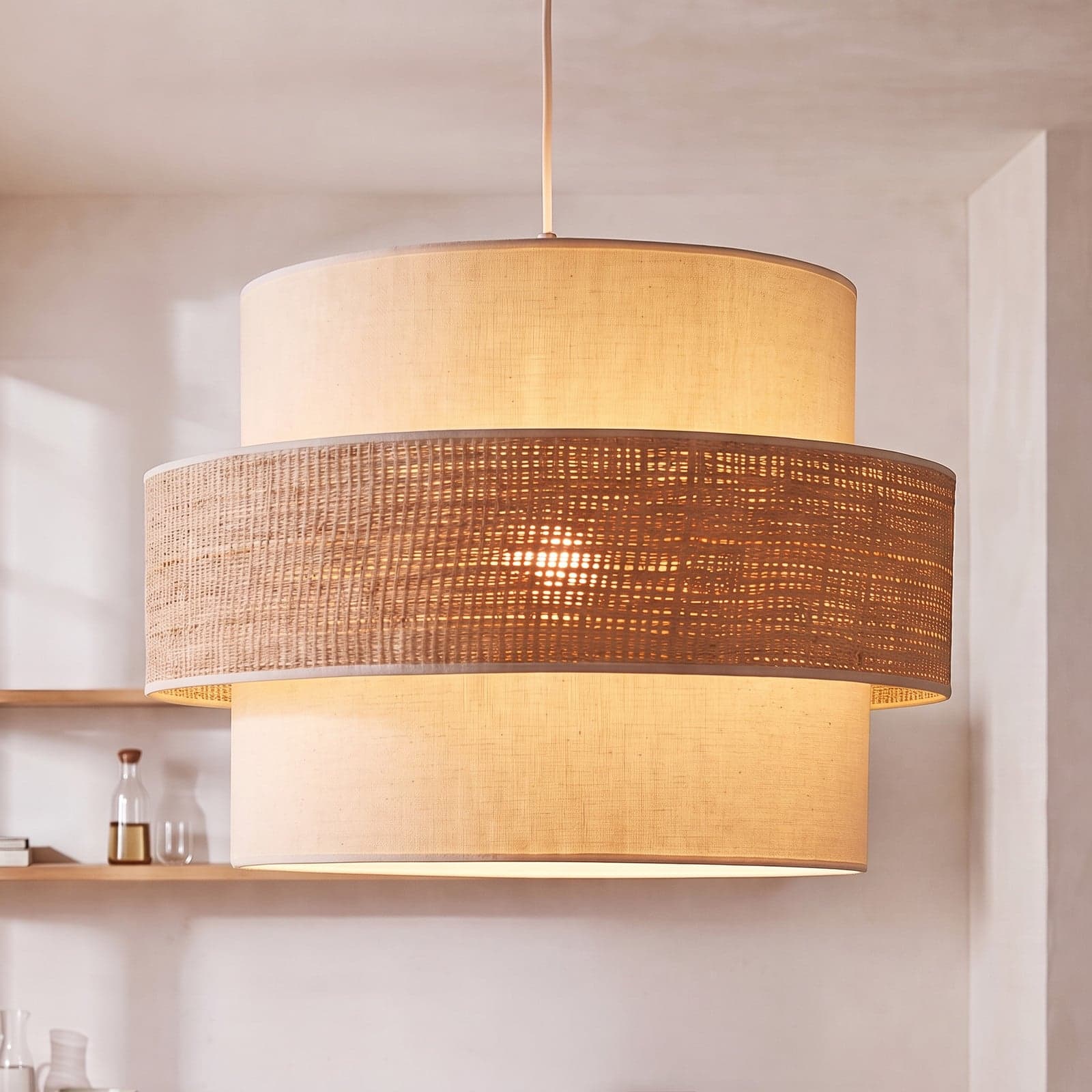 Space hengelampe, ecru/beige, 1 lyskilde, tekstil, E27 – Duolla - Soverom - Ungdommelig - Stoff / Tekstil - Med en lyskilde