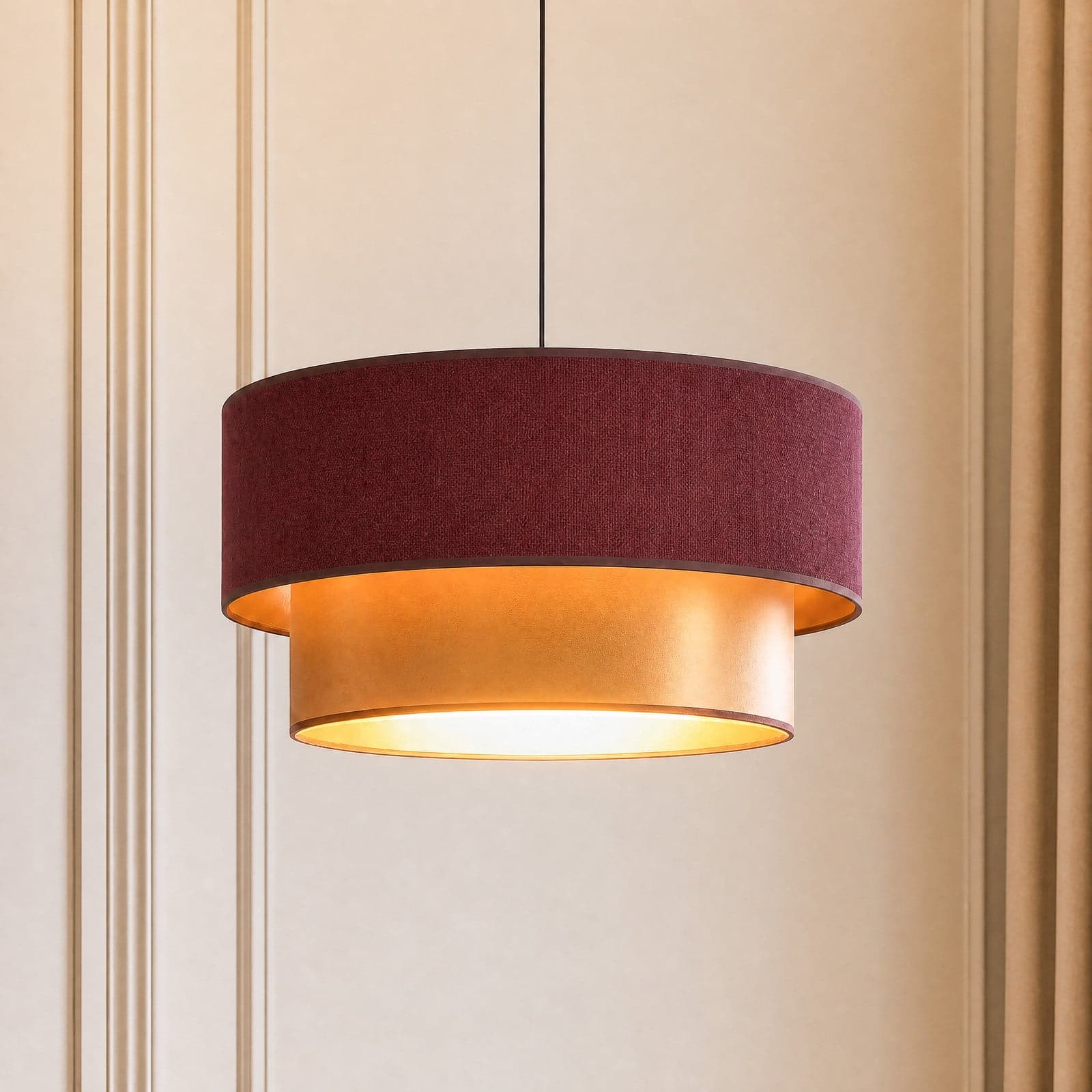 Dorina pendellampe, mørkerød/gull, Ø 45 cm, tekstil, E27 – Duolla - Soverom - Ungdommelig - Stoff / Tekstil - Med en lyskilde