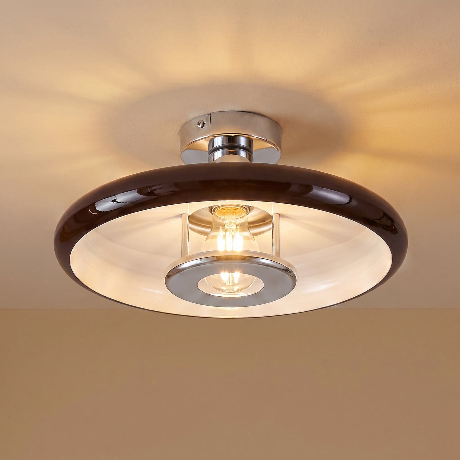 Branford taklampe, brun, Ø 35 cm, metall, retro – Lindby - Stue - Vintage - Med en lyskilde