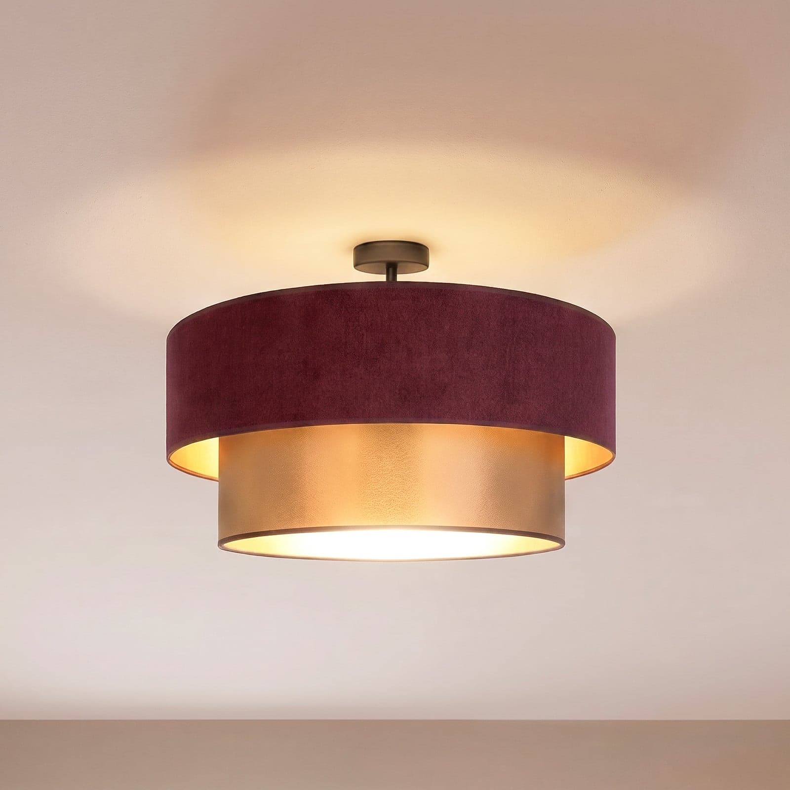 Dorina taklampe mørkerød/gull Ø60 cm tekstil, E27 – Duolla - Kjøkken - Ungdommelig - Stoff / Tekstil - Med en lyskilde