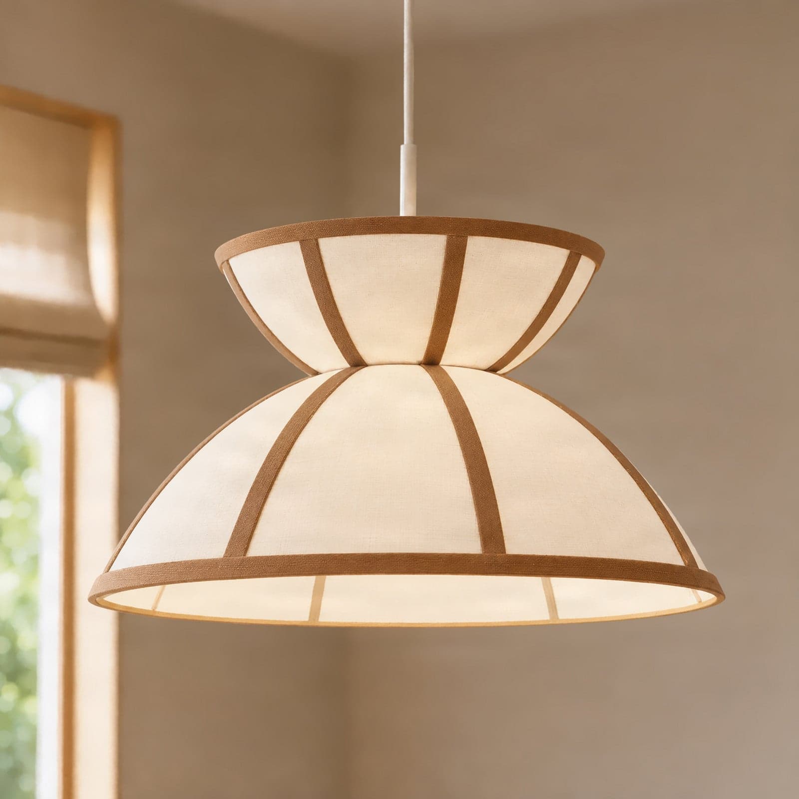 Clarence hengelampe, Ø 40 cm, beige, lin – Lucande - Stue - Rustikk - Stoff / Tekstil - Med en lyskilde