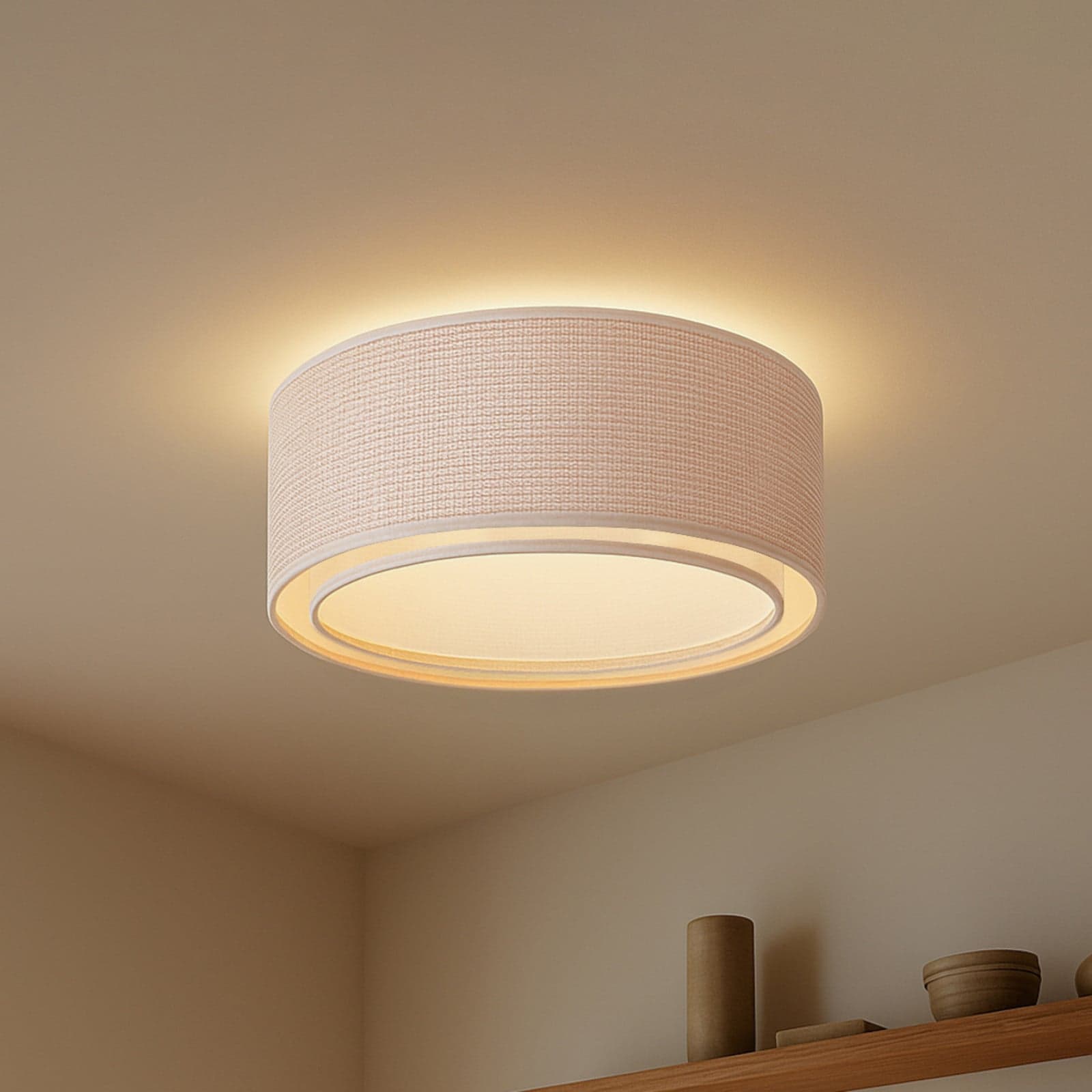 Soula taklampe, beige, Ø 60 cm, plast, E27 - Lindby - Stue - Rustikk - Rund
