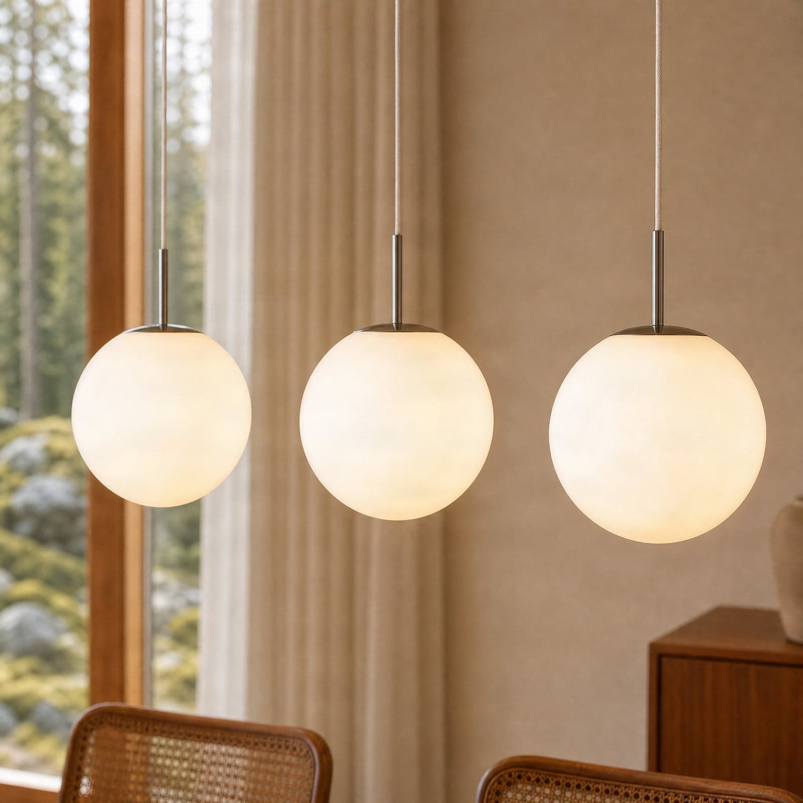 Marike hengelampe, 3 lyskilder, lengde 120 cm, hvit/nikkel – Lindby - Spisestue - Moderne - Glass - Med flere lyskilder