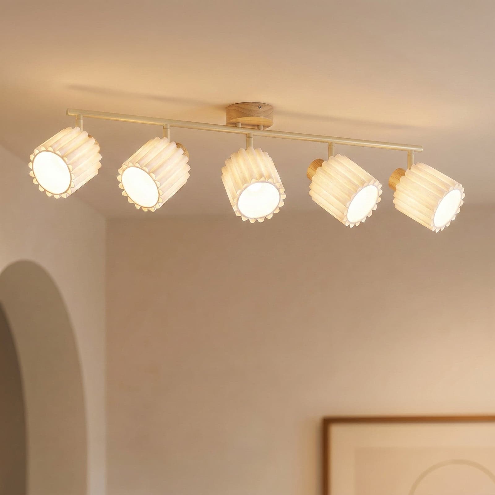 Shiloh downlight, natur/beige, 5 lyskilder, gummitre – Lindby - Stue - Moderne - Stoff / Tekstil - Med flere lyskilder