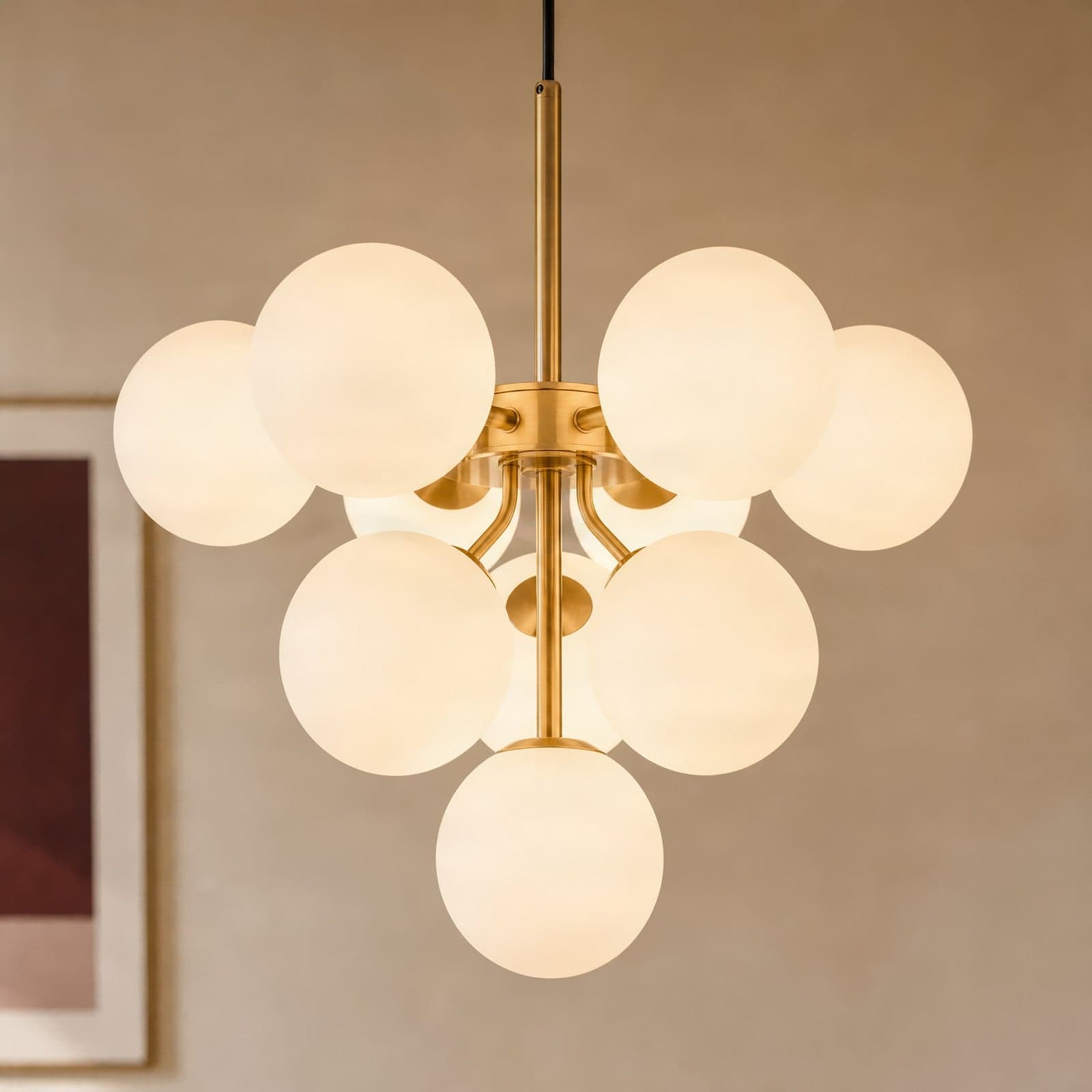 Peyton hengelampe, 10 lyskilder, gull/hvit, glass – Lucande - Spisestue - Design - Med flere lyskilder